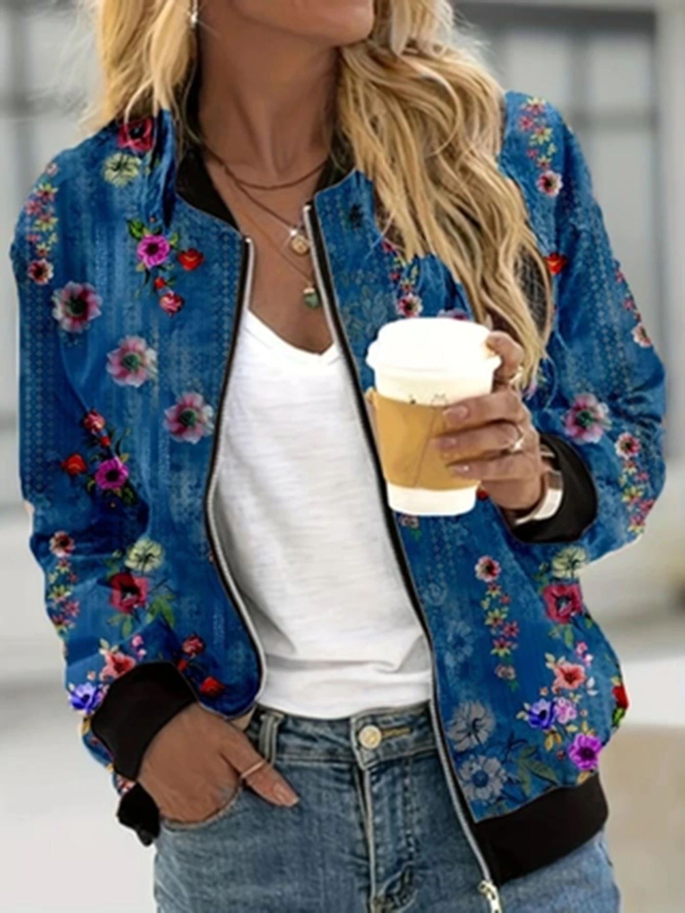 Blazer ouvert à manches longues pour femmes, taille plus, imprimé floral vintage bleu, veste décontractée pour tous les jours