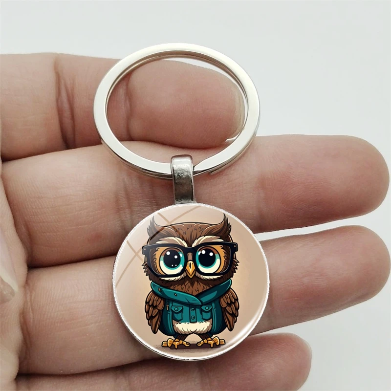 1pc Owl Pattern Time Gem Round Pendant Keychain, For Men Women