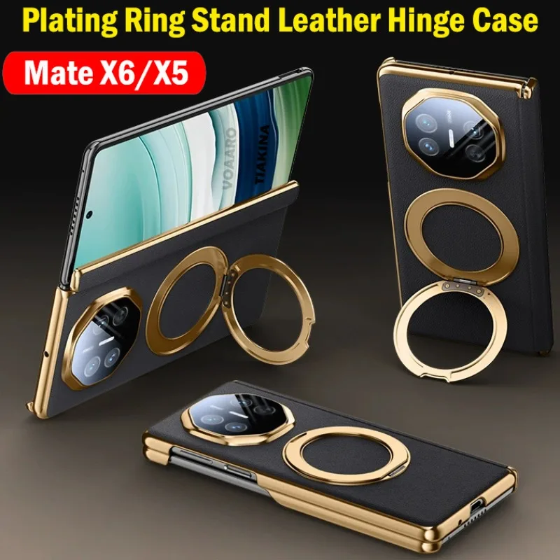 

Поворотный кольцевой держатель-подставка Funda для Huawei Mate X6 X5, кожаный шарнирный задний чехол, защитный чехол для камеры без передней рамки