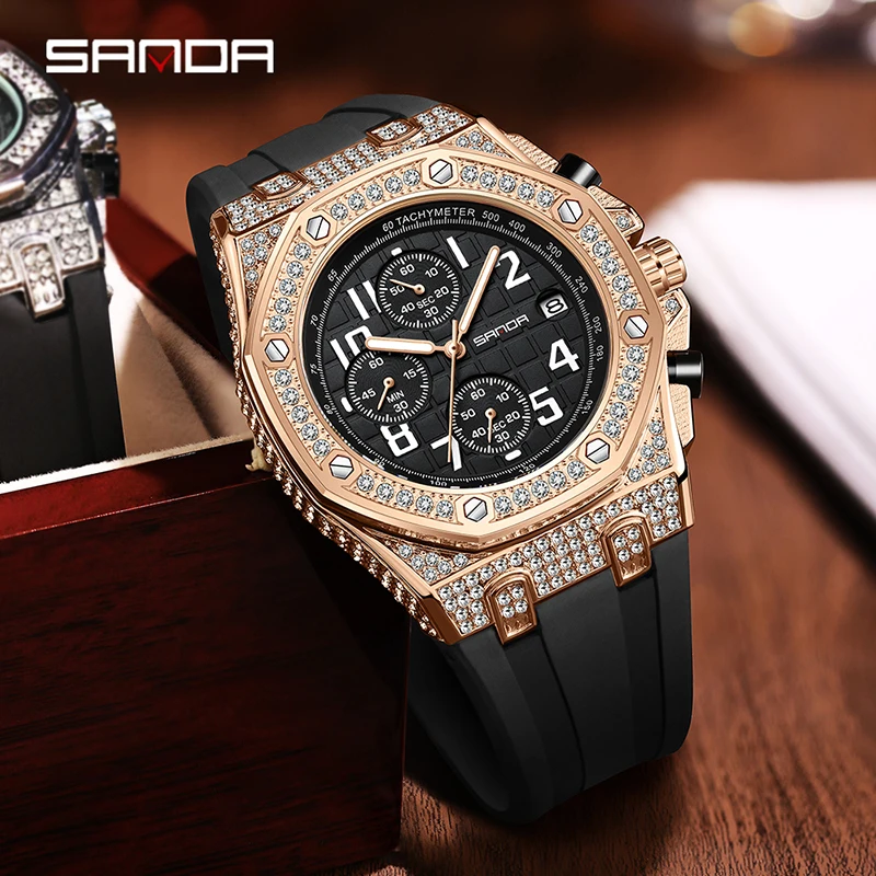 SANDA 7026 Men\'s Quartz Watch Fashion Leisure Diamond Luminous Date Analog Display Silicone Strap Wrist Watches for Male Gift