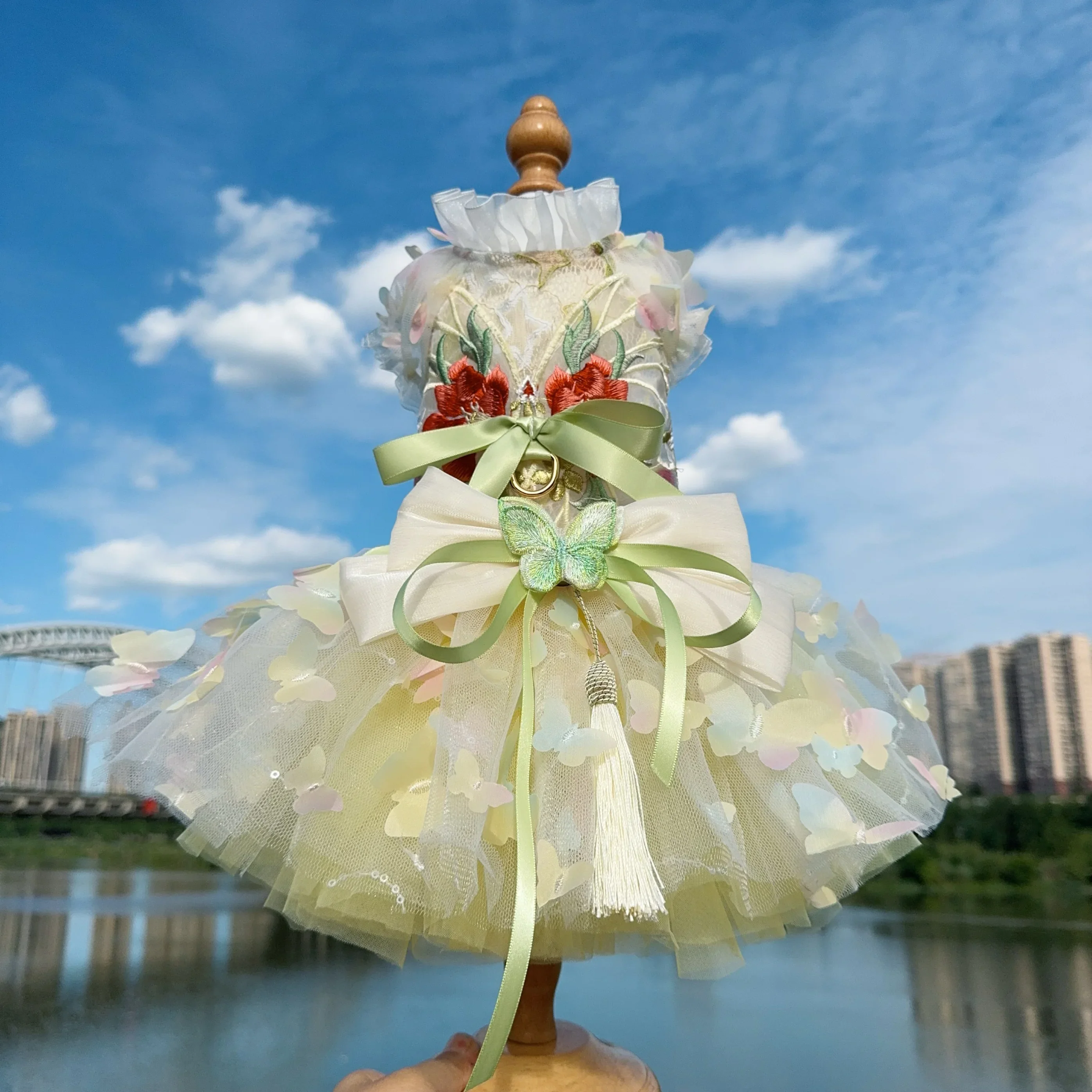 

2025 Spring Summer Puppy Overalls Chinese Style Hollow Embroidery Butterfly Lace Dresses For Small Medium Dog Pet Clothes Skirts