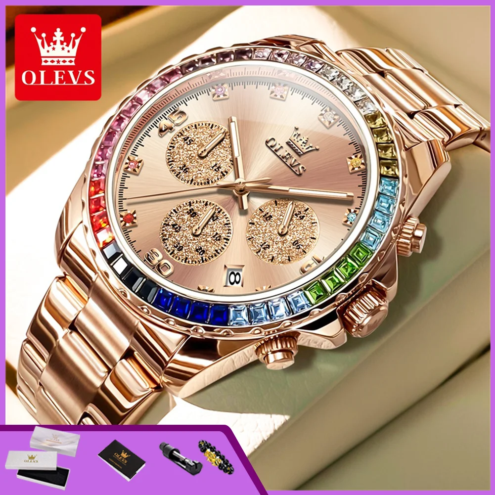 

OLEVS 2939 Top Luxury Man Watch Rainbow Gemstone Bezel Classic Chronograph Luminous Multi Functional Quartz Wristwatch for Men
