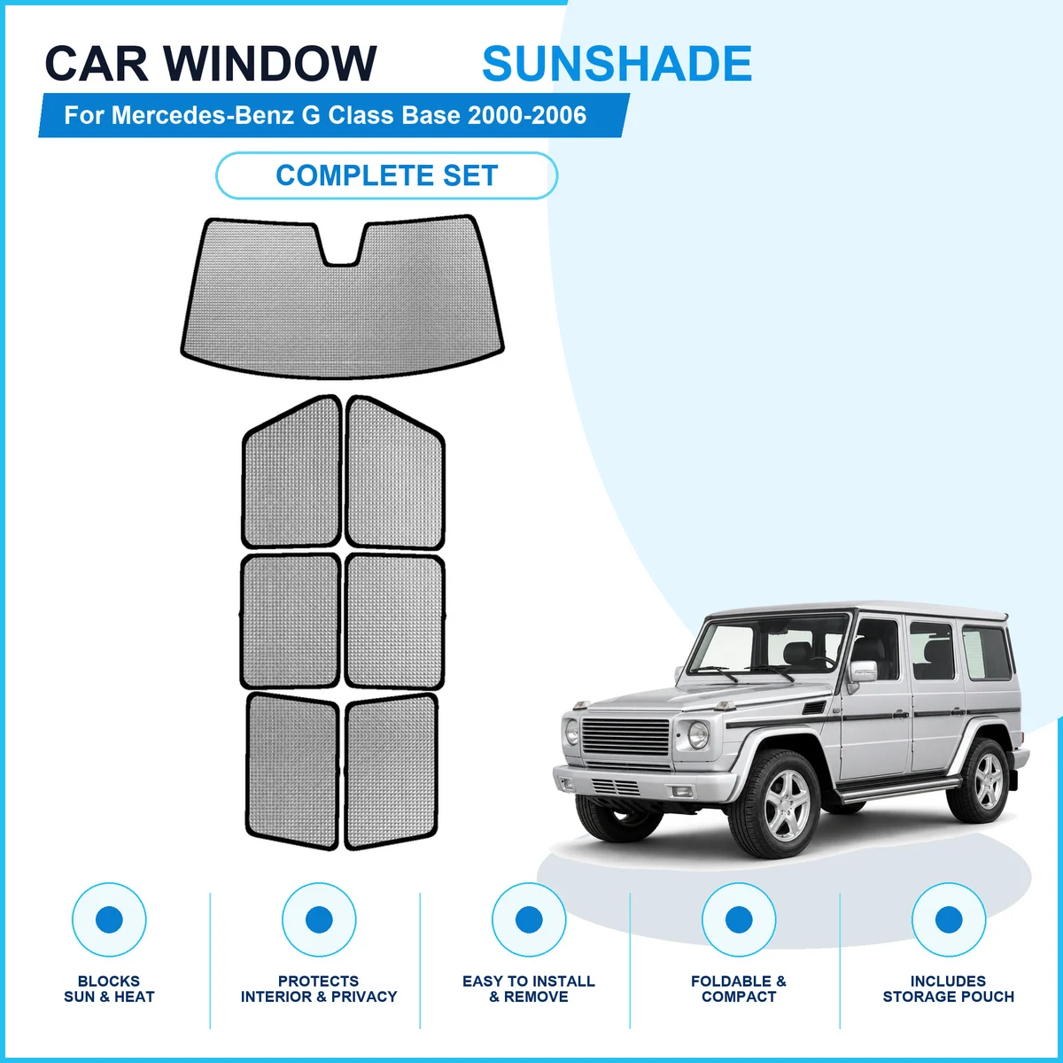 For Mercedes-Benz G Class Base 2000-2006 Custom Full Set Window Sunshades Aluminum Foil Suction Cup Anti UV Privacy