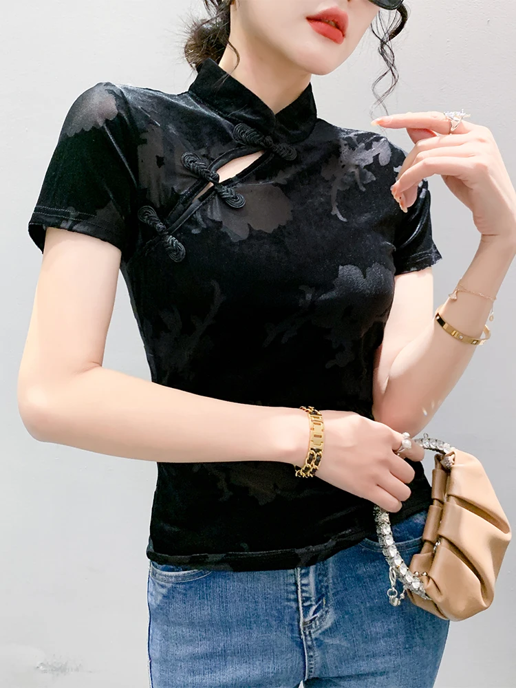 

Sexy Me T-irt Women's ort Sve European Sle Retro Button up Top Slimming Summer Faion Korean Version Pure Color