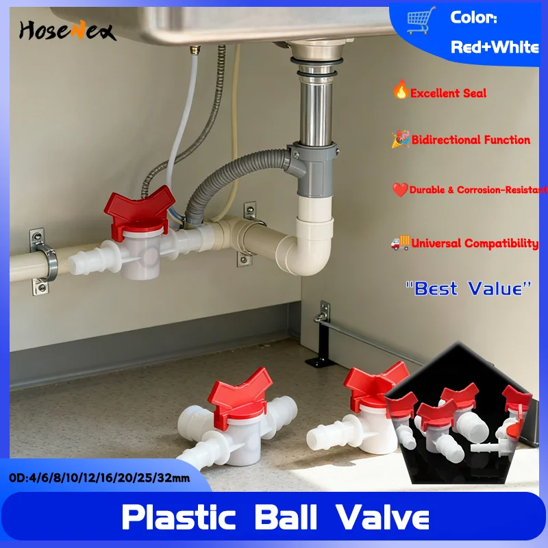 

Multi-Size PVC Barbed Ball Valve (4/6/8/10/12/16/20/25mm) - 2-Way Manual Shut Off Valve for Water Air in Aquarium and Irrigation