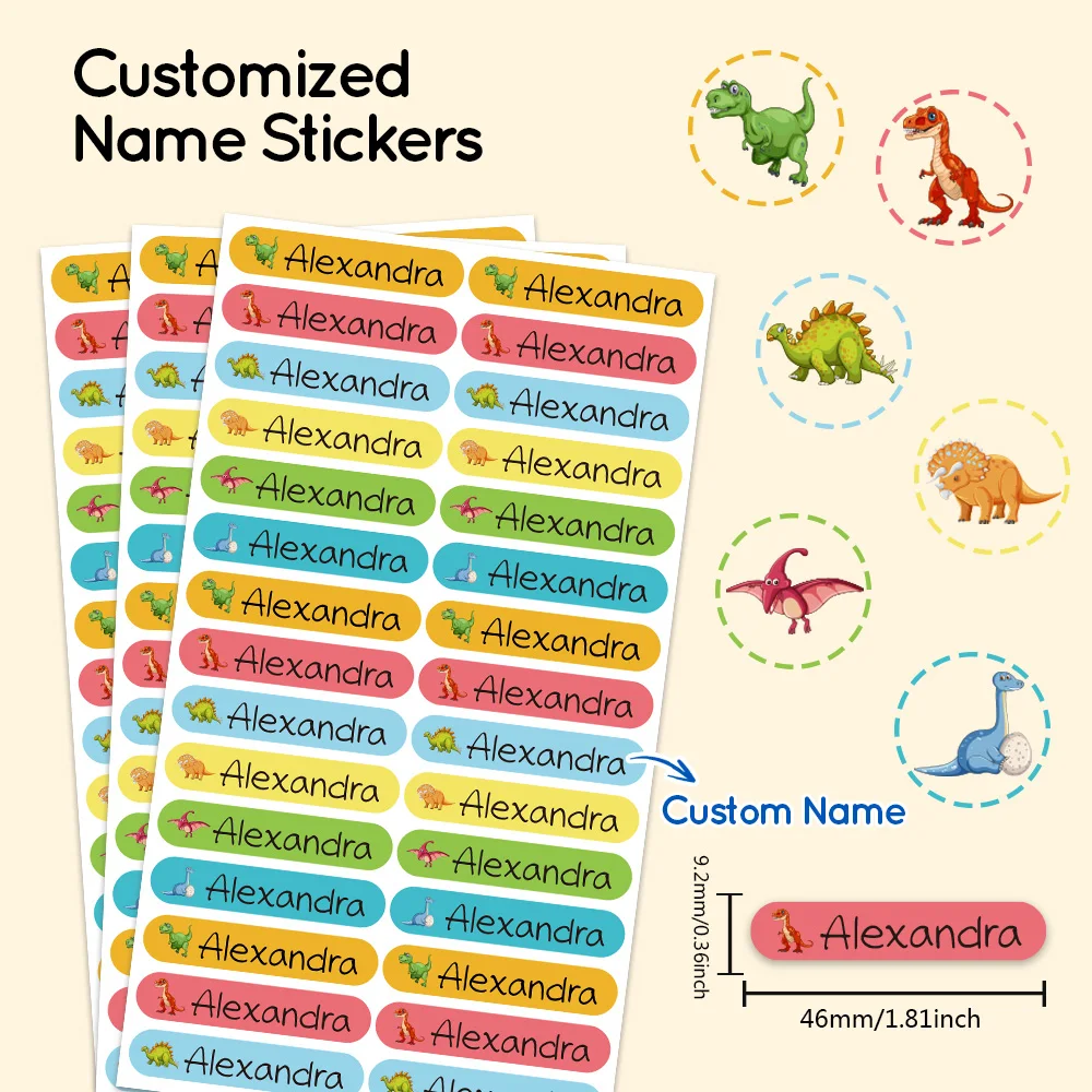 120 pçs dos desenhos animados dinossauro nome tag adesivos personalizado transparente à prova dwaterproof água personalizado crianças etiquetas crianças escola papelaria