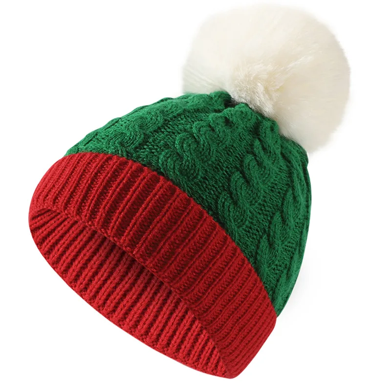 Unisex Winter Red And Green Patchwork Pompoms Knit Hat Christmas Hat For Women Men Christmas Gift