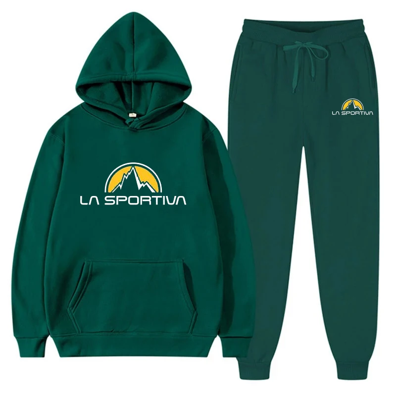 La Sportiva Men's Tracksuit Hooded Pullover + Sweatpants Sports Suit Casual Jogger Sportswear 2 Piece Male Fleece Running Set