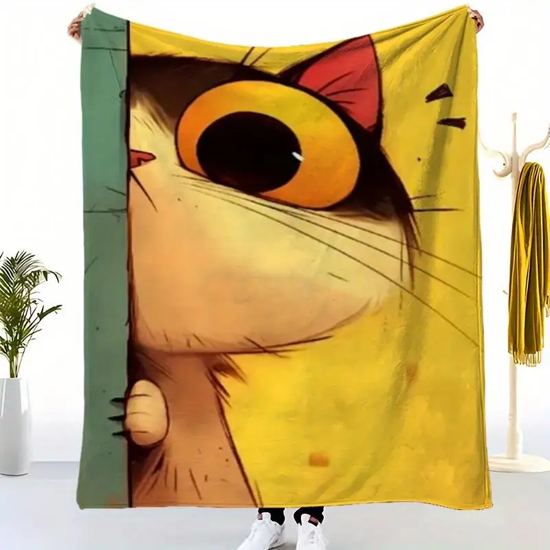 1pc Super King Size Soft Flannel Cat Blanket - Thick  Plush Tabby Cat Bedspread with Ginger Tabby Cat Face Print, Mustard
