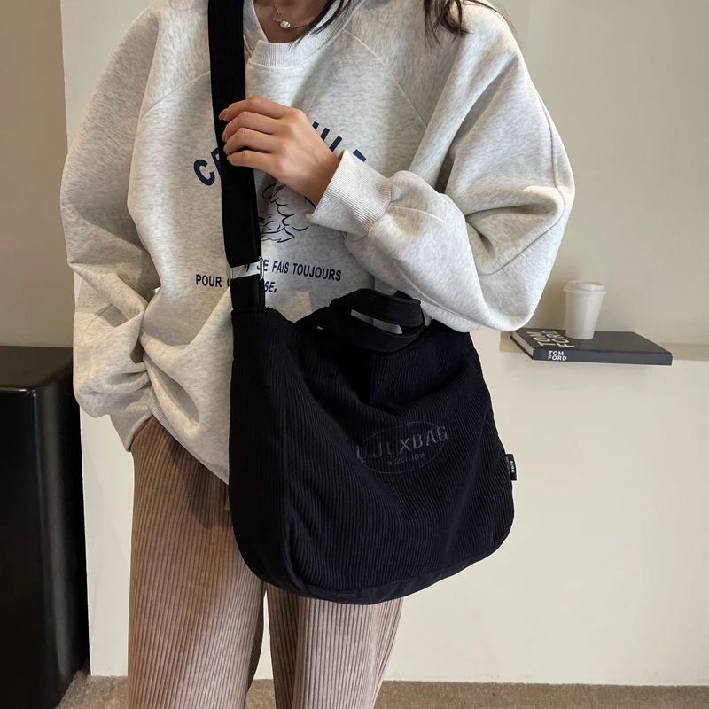 MOODS Corduroy Crossbody Bags For Women Embroidery Thread Large Capacity Shopping Totes 2023 Winter Latest Fashion Shoulder Bag