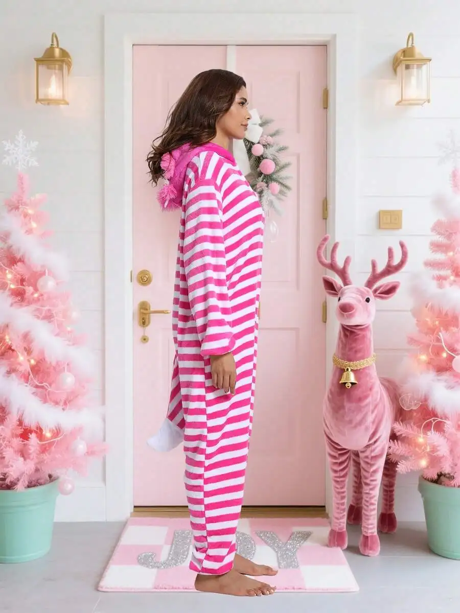 Adult Fleece Hooded Striped Pajamas Set Long Sleeve Warm Winter Loungewear
