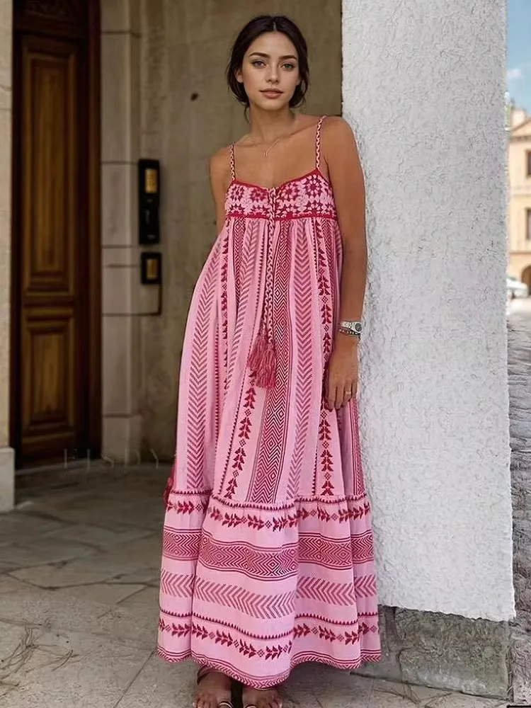 TRAF 2024 Embroidery Long Dresses for Women Boho Slip Maxi Dress Woman Summer Backless Dress Women Tassel Beach Female Dress