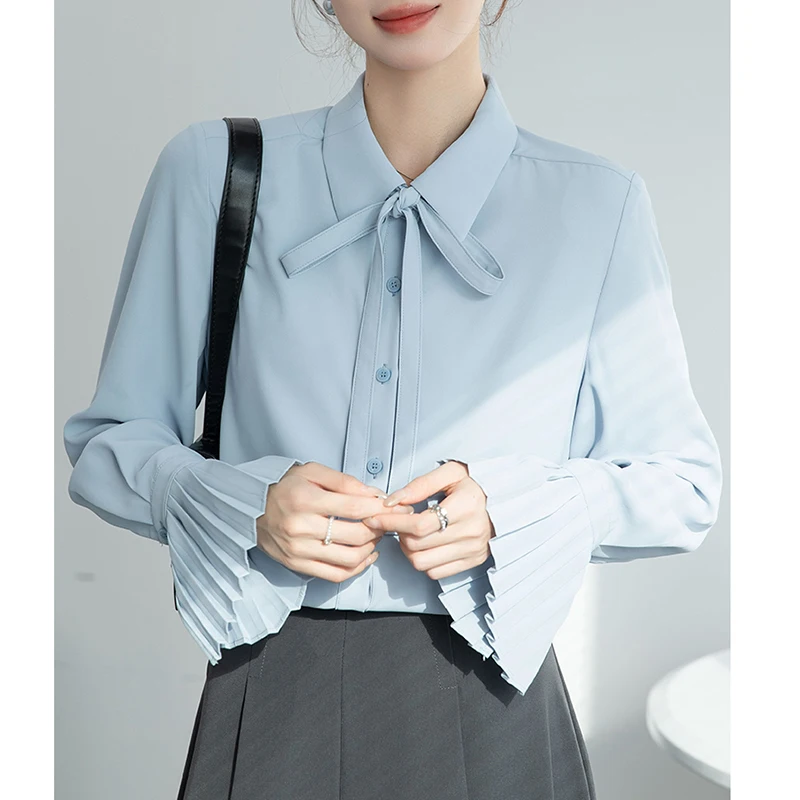 Blauw Shirt Vrouwen Lange Mouw Beroep Kantoor Dames Blouse Koreaanse Mode Tops Flare Mouw Witte Shirts Vrouwelijke S-XL