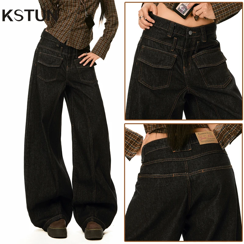 

KSTUN 2026, женские мешковатые джинсы, широкие джинсовые брюки, темно-синие карманы сзади, винтажная уличная одежда, джинсы-бойфренды, шикарные хип-хоп