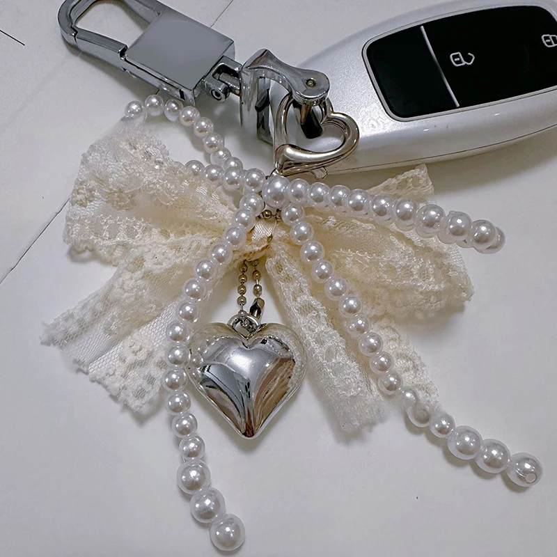 1pc Lace Bowknot Pearls Bag Pendant Phone Charm Heart Keychain Elegant Beaded Keyring Sweet Key Chain Phone Key Bag Hangings