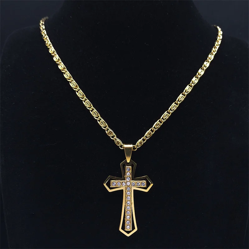 Christian Cross Crucifix Pendant Necklace Gold Color Stainless Steel Catholic Men Chain  Jewelry corrente masculina N4930S02