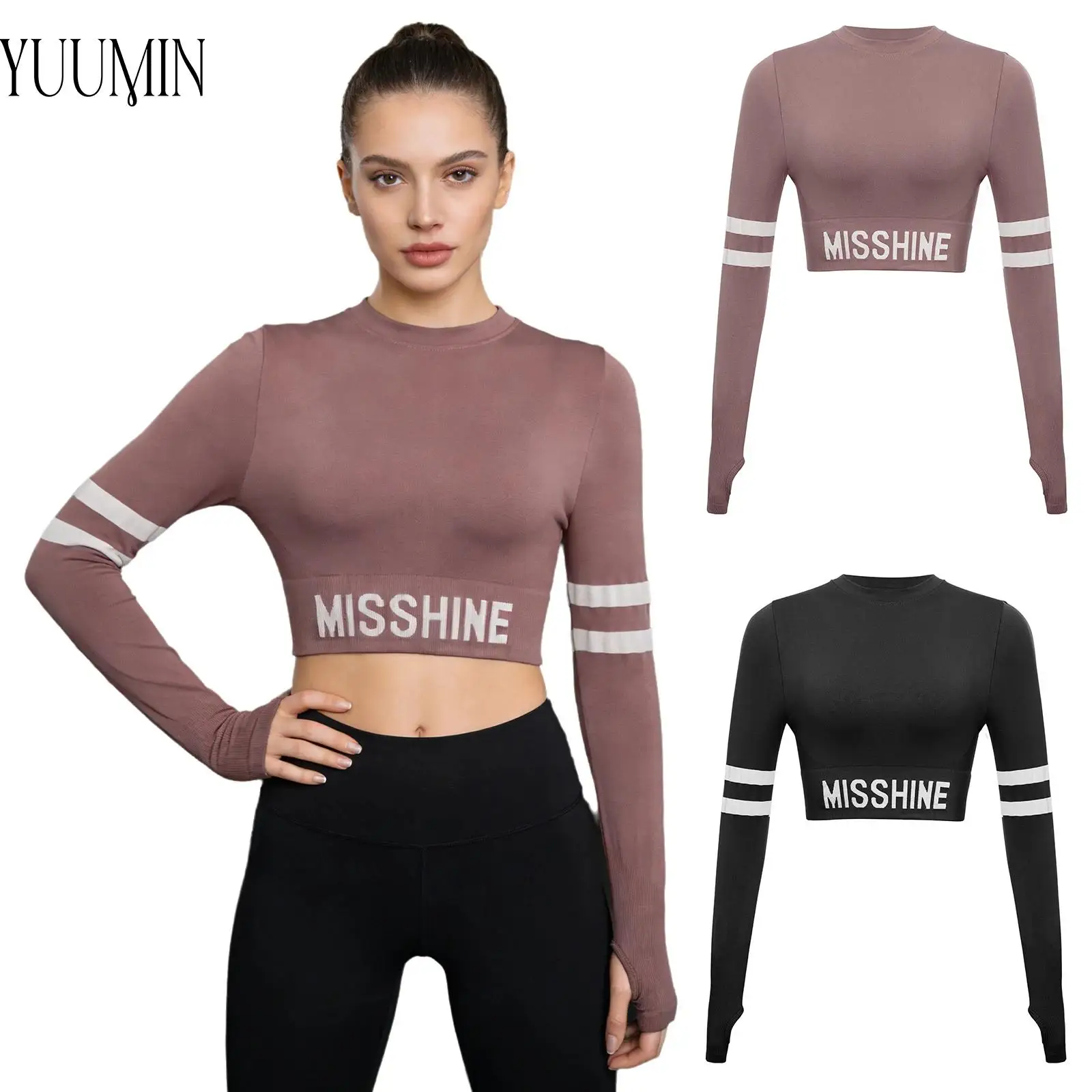 

Quick-drying Gym Tops Women Letter Print Crop Top Striped Long Sleeves Thumb Holes Athletic Tops for Yoga Workout Fitness Sports