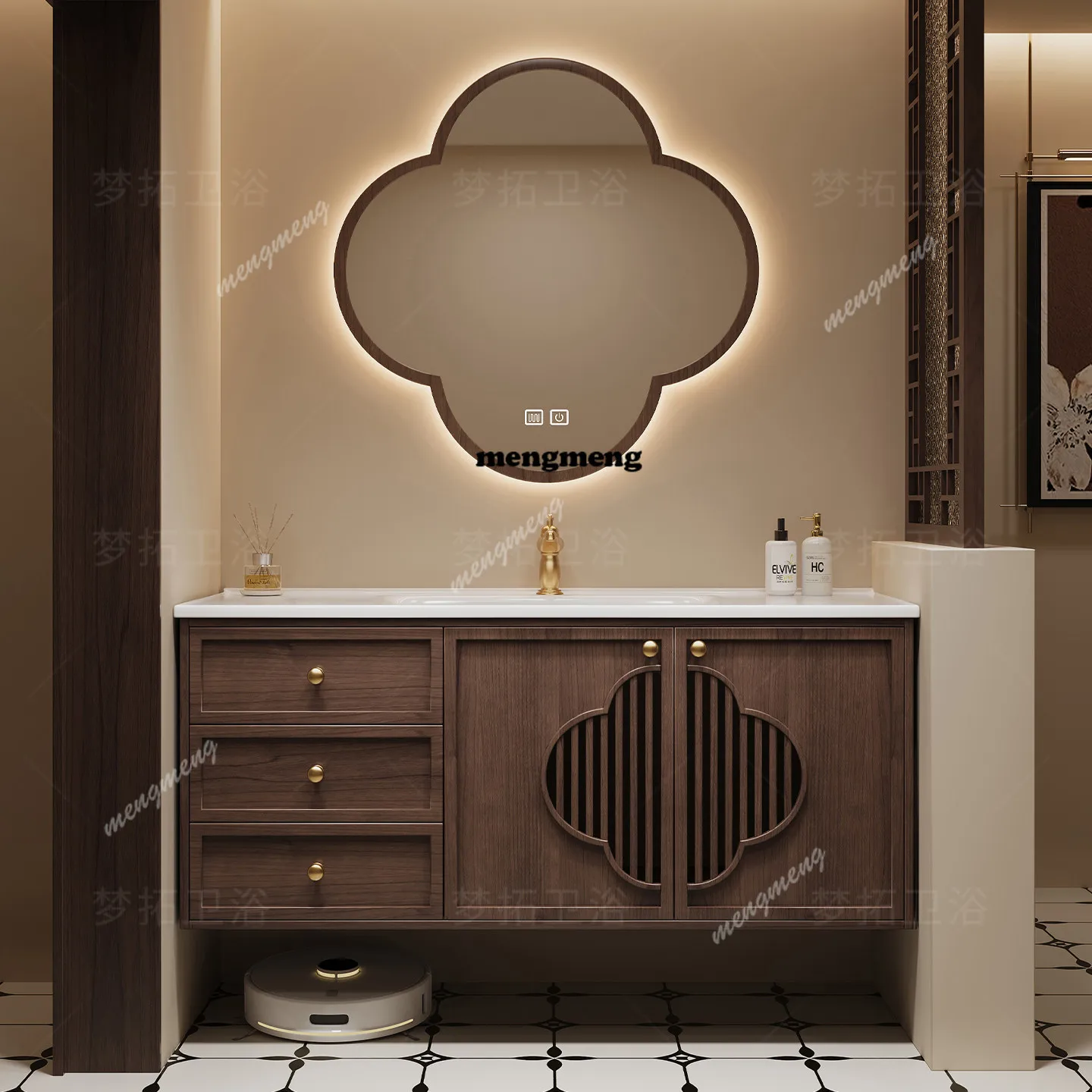 

Song's aesthetics bathroom cabinet combination bathroom ceramic integrated medium and ancient style solid wood wash basin