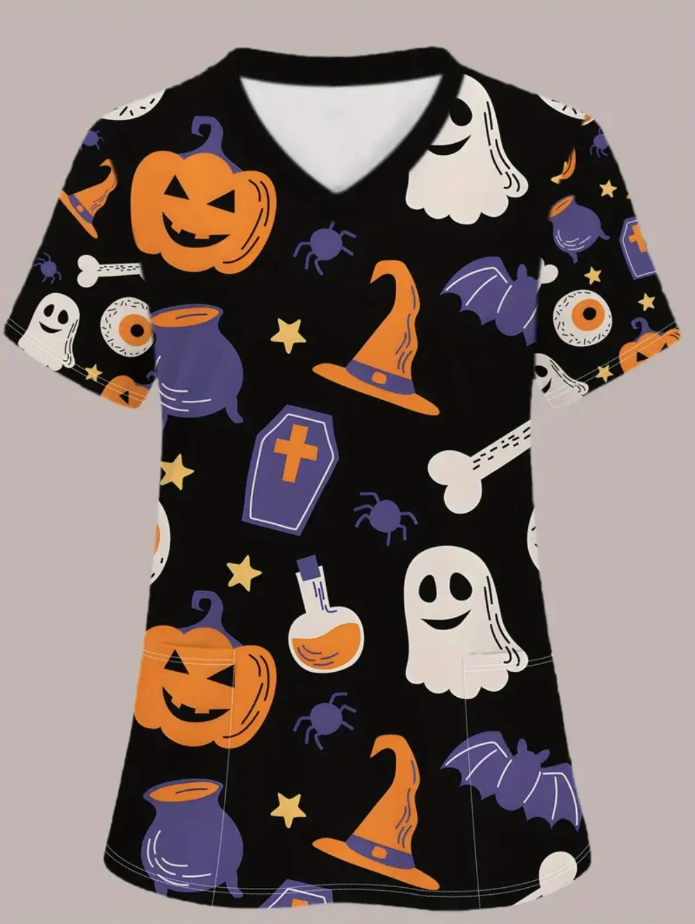 Uniforme médical femme Halloween crâne motif imprimé hauts mode d'été col en v avec poches à manches courtes gommages uniforme femme