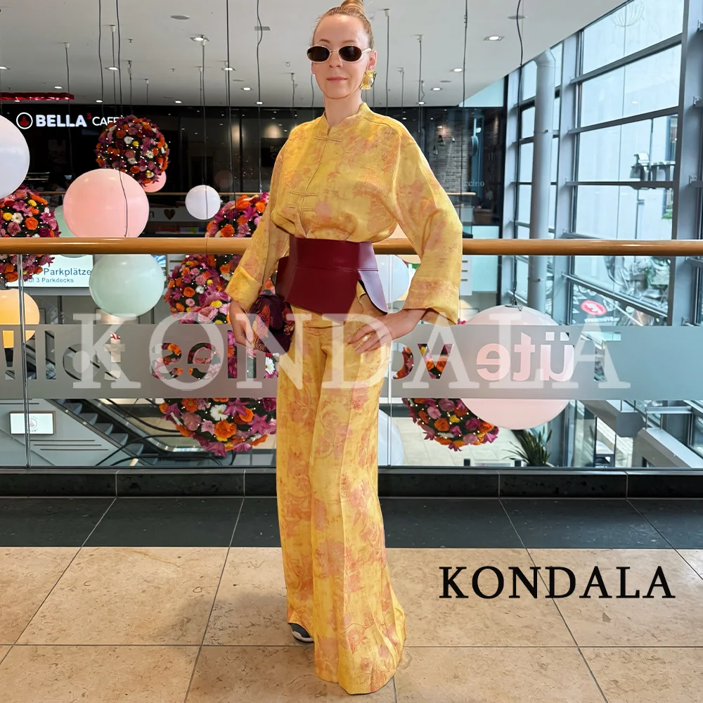 KONDALA Damen Eleganter Kimono-Stil Bedruckter Anzug 2026 Sommer Trendiger Urlaubs-Vintage-Chic Hosenanzug mit Seilknöpfen, Hemd, Lange Hose – Detail 3