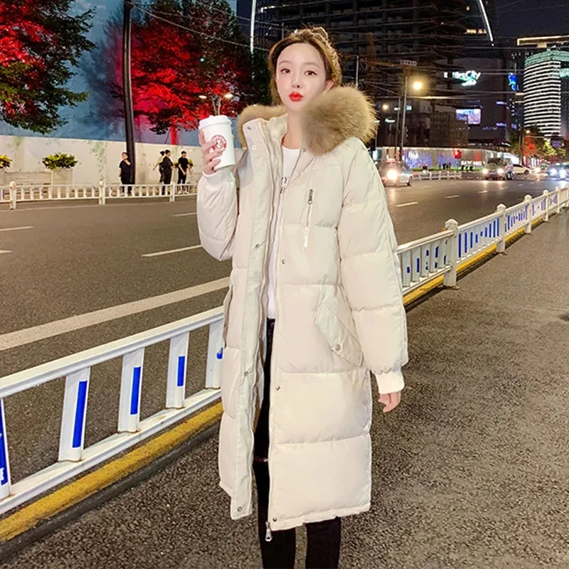 

Women Puffer Loose Warm Winter Cotton Jackets Korean Snow Wear Padded Overcoat Faux Fur Collar Long Hooded Park JJ336