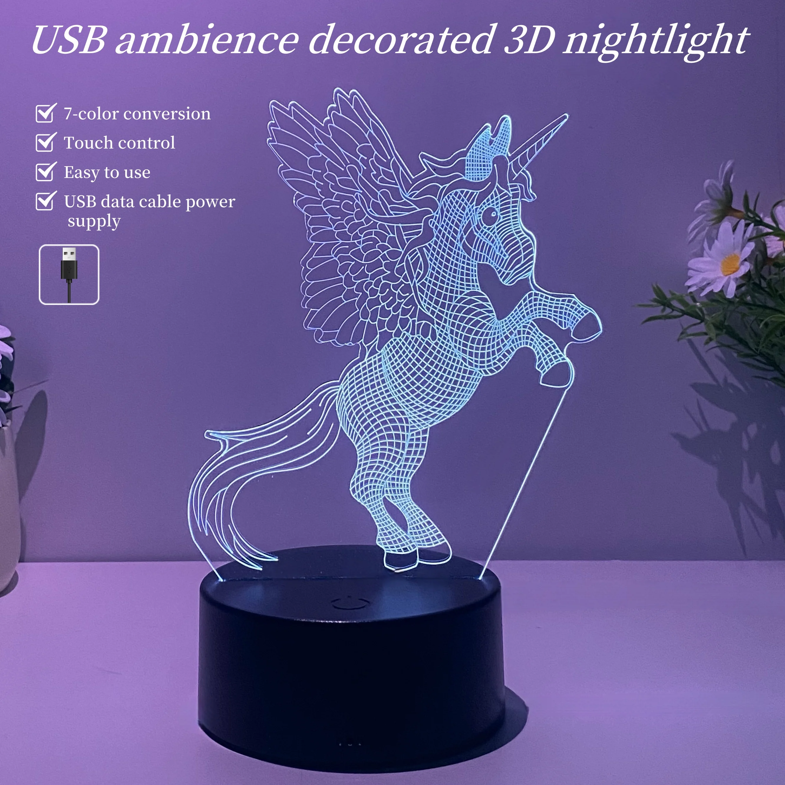 1pcs unicorn 3D nightlight, bedroom atmosphere with sleeping lights, USB interface, holiday gift table lights for friends.