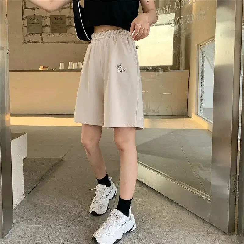 Women Summer Korean Elastic Waist Casual Beach Party version clothing size High waist Moon Embroidery Movement Shorts