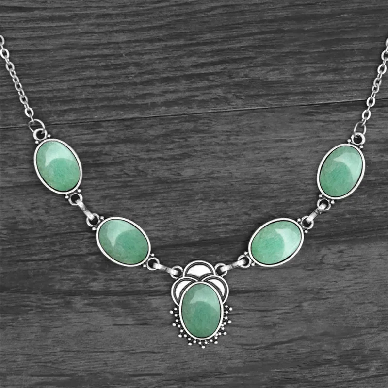 Vintage Natural Stone Jades Necklace For Women Antique Silver Plated Flower Tiger Eye Quartz Lapis Lazuli Fashion Jewelry