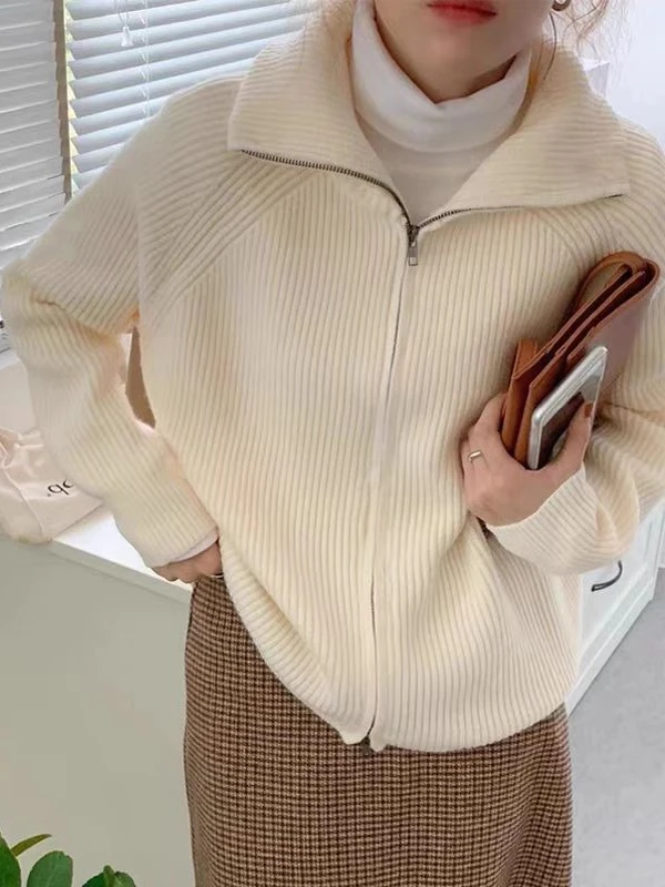 

Retro Korean Double Zipper High Collar Knitted Open Cardigan Women's Autumn Winter Lazy Sle Casual Versatile Turn Collar Sw...