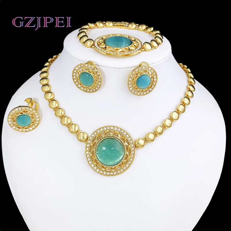 

Gold Plated Jewelry Set Vintage Women Necklace Earrings Round Pendant Bracelet And Ring 2024 New Design