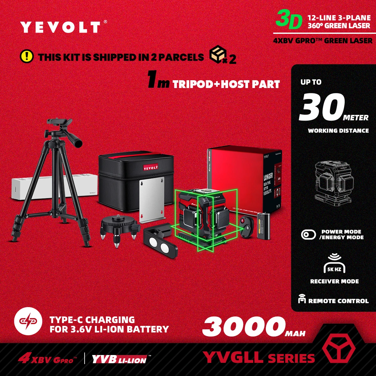 YEVOLT TL-YVGLL4XS12TB1P Series Green Laser Level 3-Plane 12-Line Self-leveling 360 3D Power Measuring Tools-1M Aluminium Tripod