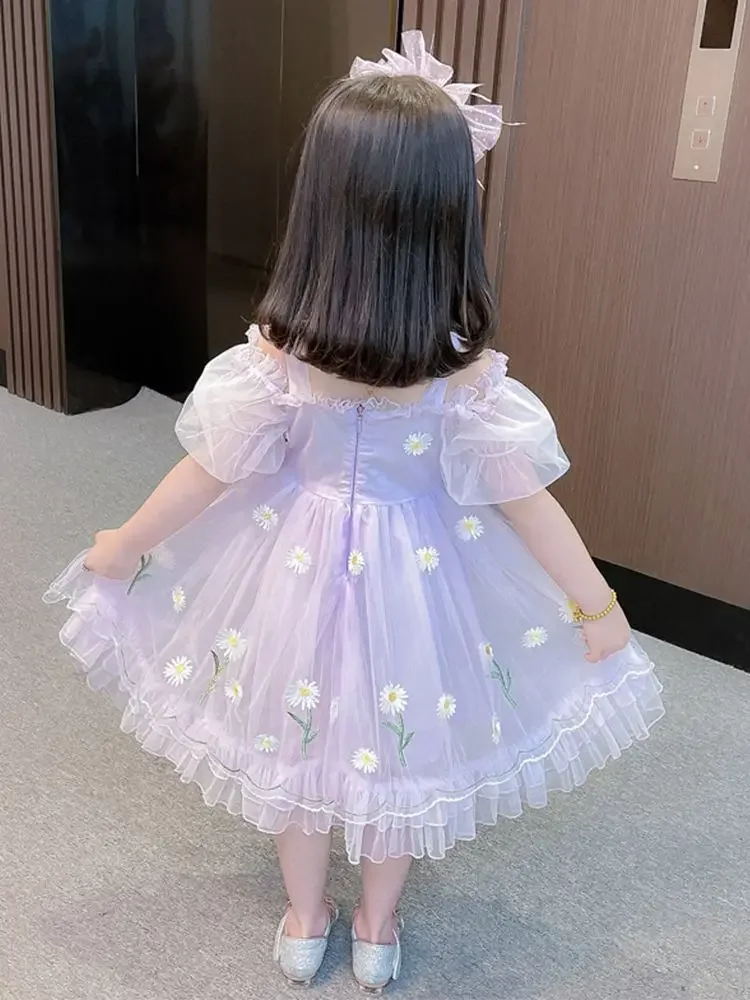 Gaun Putri Tutu Anak Balita Gaun Pesta Ulang Tahun Pernikahan untuk Bayi Perempuan Kostum Bunga Gaun Ruched Manis Merah Muda Putih