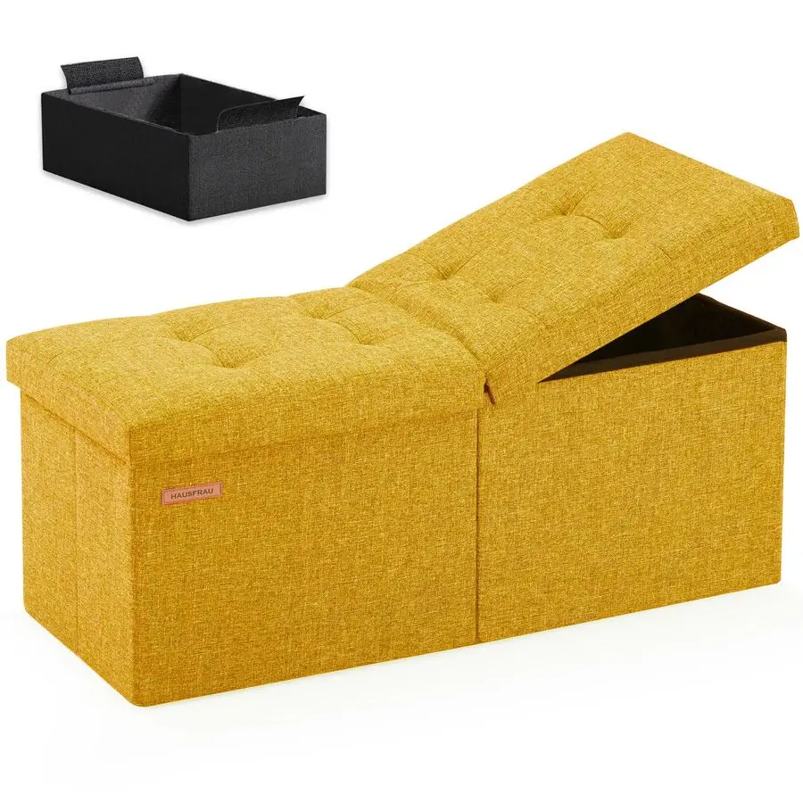 

31.5 Inches Ottoman with Storage Bench, Folding Ottoman Bench Small Foot Rest Stool, Bedroom Bench with Flipping Lid, Linen Gold