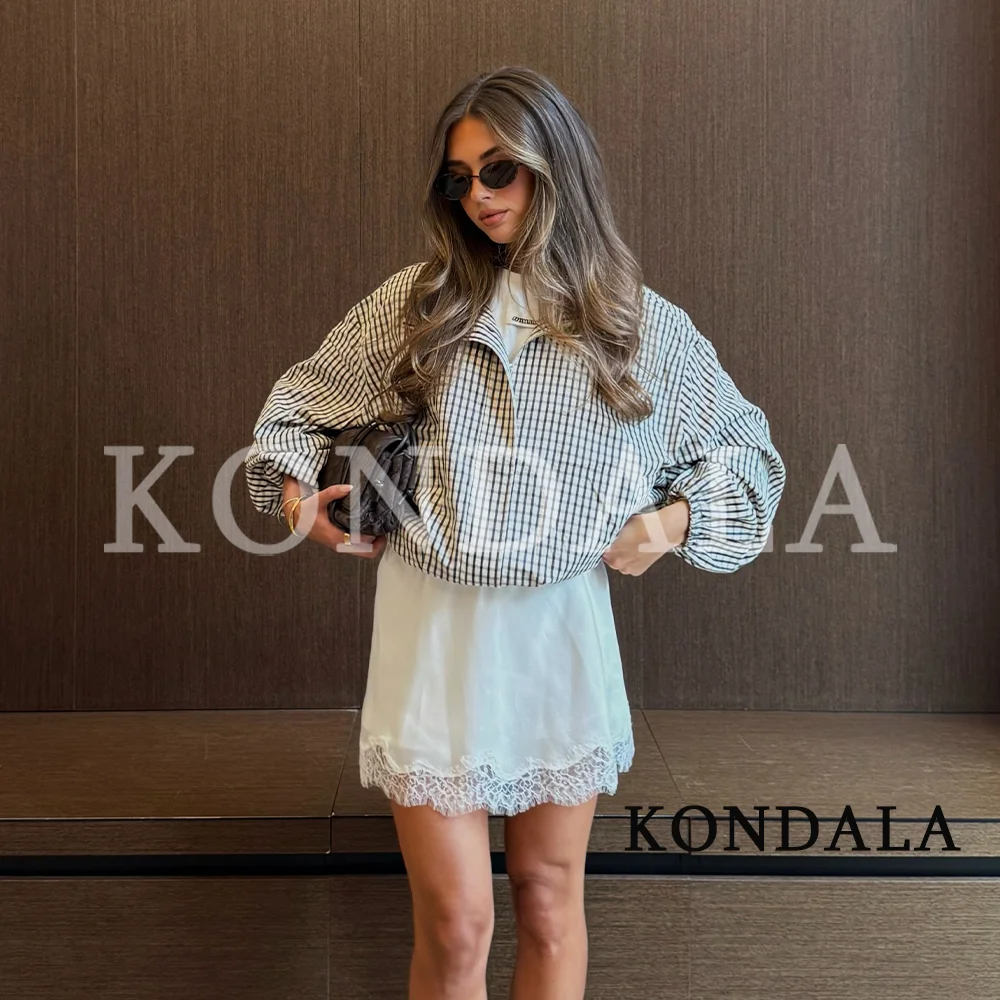 KONDALA Women Chic Casual Plaid Jacket Retro Stand-Collar Zip-up Jacket 2026 Summer Early Fall Trendy Commute High Street Jacket