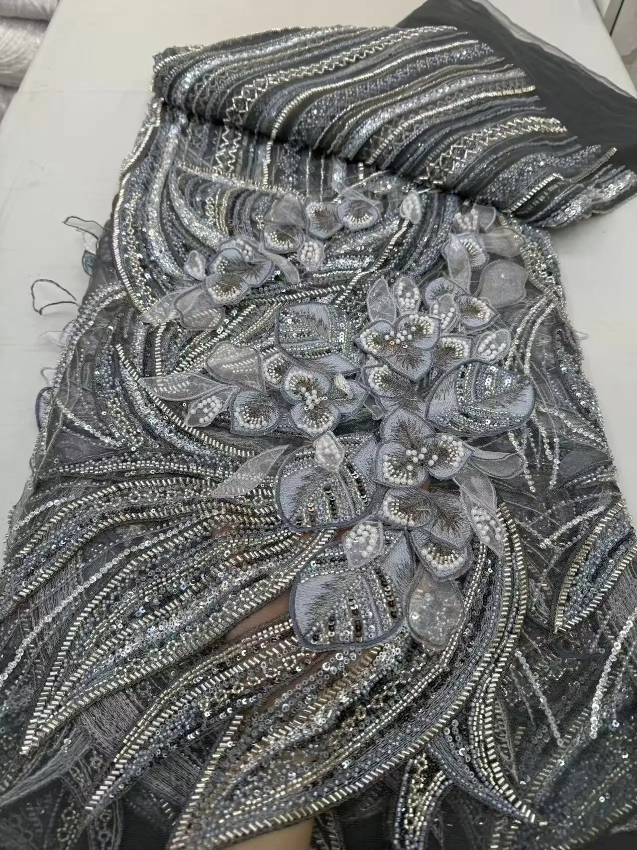 Newest African 3D Feather Mesh Lace Fabric 2026 French Nigerian Handmade Beaded Sequin Lace Fabric for Ladies Party Dress