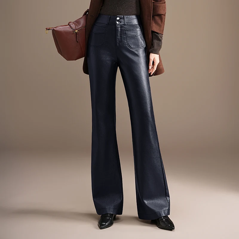 

Брюки-колокольчики из искусственной кожи с высокой талией, женские повседневные легкие расклешенные длинные брюки, осень 2024, корейские утягивающие брюки