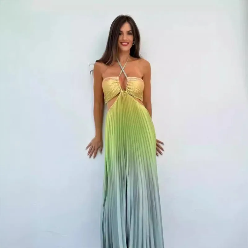 مثير التدرج فستان مناسبات المرأة مثير قطع عارية الذراعين ماكسي فساتين الشاطئ الصيف عادية فضفاض مطوي بوهيميا وتتسابق