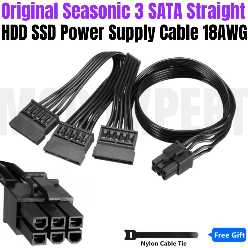 Original Seasonic 3 SATA Straight HDD SSD Power Cable for Seasonic FOCUS Gold GM-850, GM-750, GM-650, GM-550, GM-500, GM-450 PSU