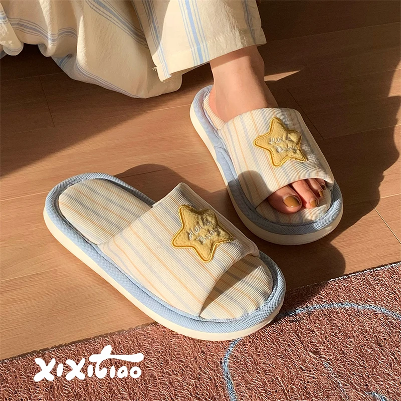 XIXITIAO Summer Cute Star Striped For Women Soft Comfort Indoor House Slides Casual Flat Shoes Open Toe Linen Cotton Slippers image 2
