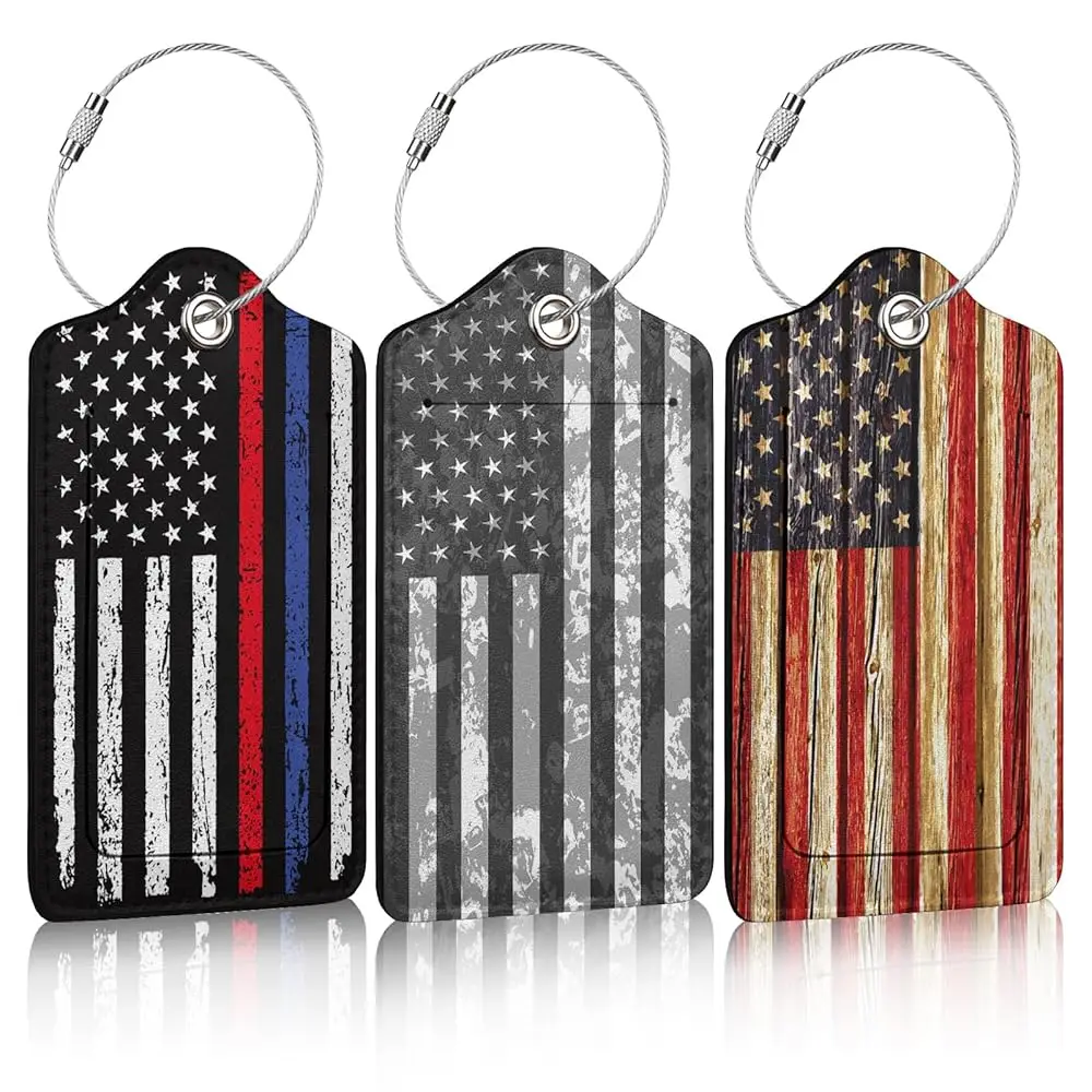 

Набор из 3 винтажных багажных бирок с американским флагом для чемоданов, из искусственной кожи, с защитой для личных данных, идентификационная этикетка для женщин