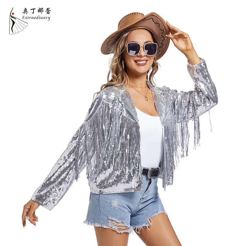 Women's Sequin Fringe Jacket Long Sleeve Tassel Shiny Sparkle Party Disco Outfits Vintage Coat Clothes