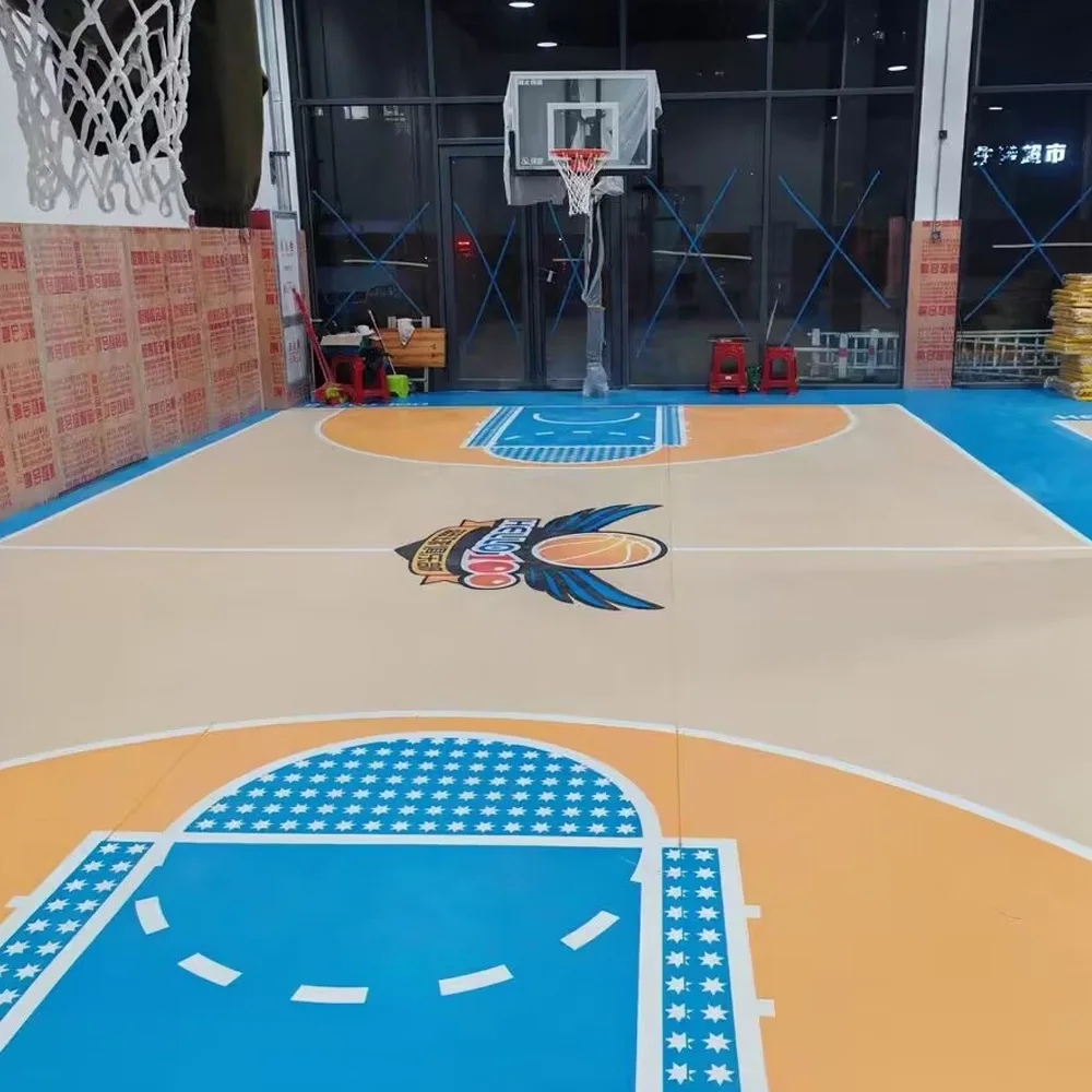 실내 나뭇결 PVC 스포츠 바닥 농구 코트 바닥재, 흰색 라인 로고, 4.5mm, 6.0mm