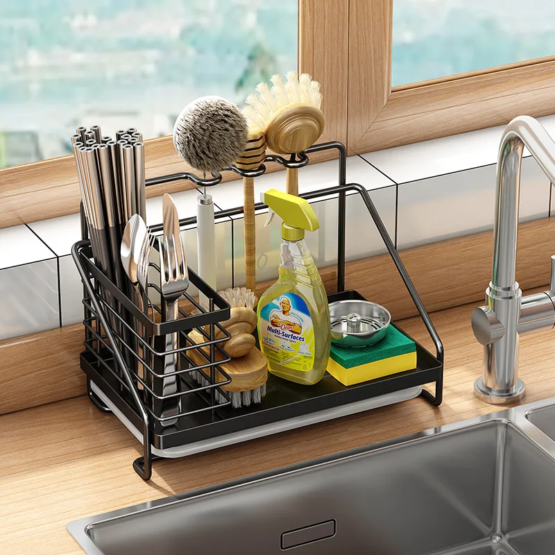 Kitchen Dishcloth Sponge Storage Drainer Stainless Steel Kitchen Sink Countertop Chopstick Dispenser Detergent Storage Rack