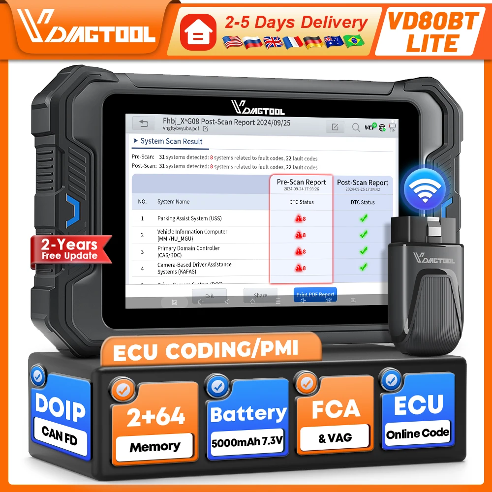 VDIAGTOOL VD80BT-LITE Bluetooth OBD2 Scanner Car Diagnostic Tool 28 Reset Functions Bi-directional Test ECU Coding CAN FD DoIP