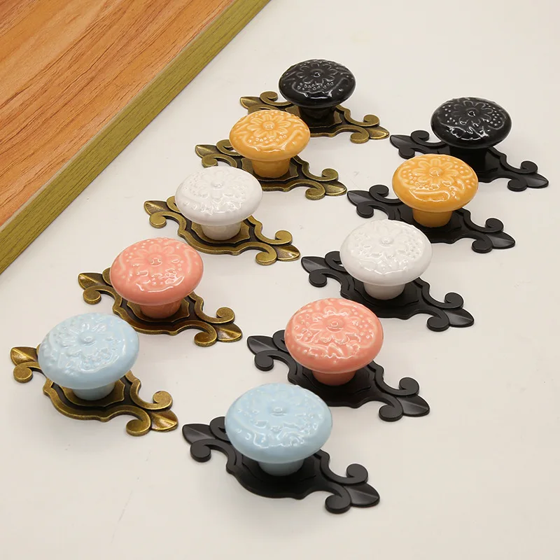 Ceramic Embossed Flower Zinc Alloy Cabinet Knobs Handles Drawer Closet Room Furniture Door Hardware Cupboard Dresser Pulls