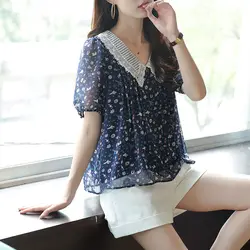 Shirts for Women 2023 Summer Short Sleeve Loose Chiffon Lace Patchwork Graphic Printing Blouse Elegant Fashion Casual Tops