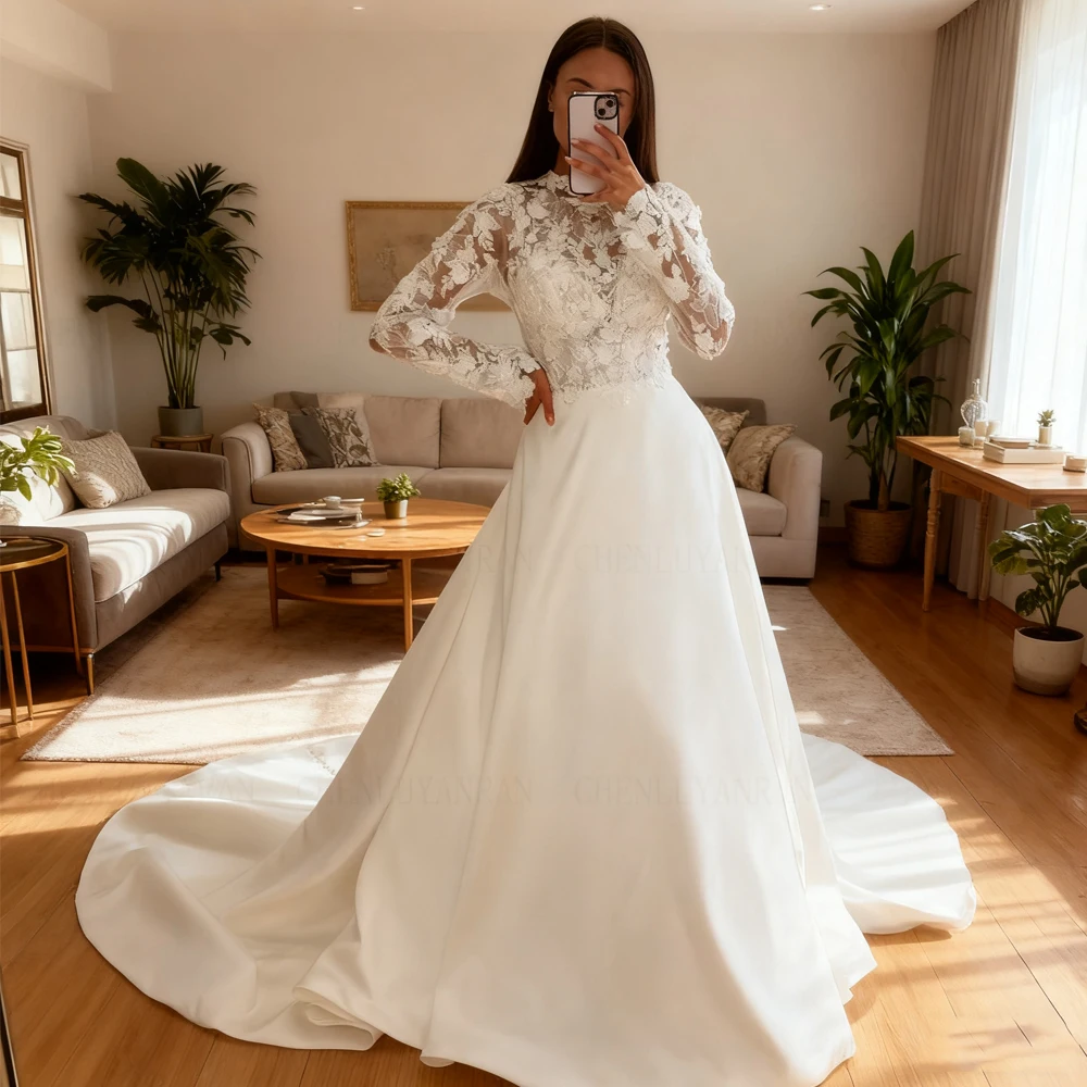 

Свадебные платья с высоким воротом, длинное платье невесты на шнуровке сзади, атласное платье трапециевидной формы с длинными рукавами для женщин, 2025 Robe De Mariée