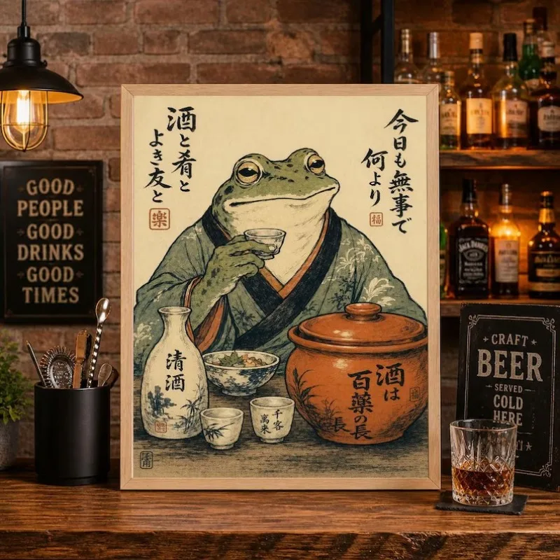 Vintage Samurai Frog Smoking Ukiyo-e Ink Poster Japanese Amphibian Warrior Canvas Painting Wall Art for Living Room Home Decor