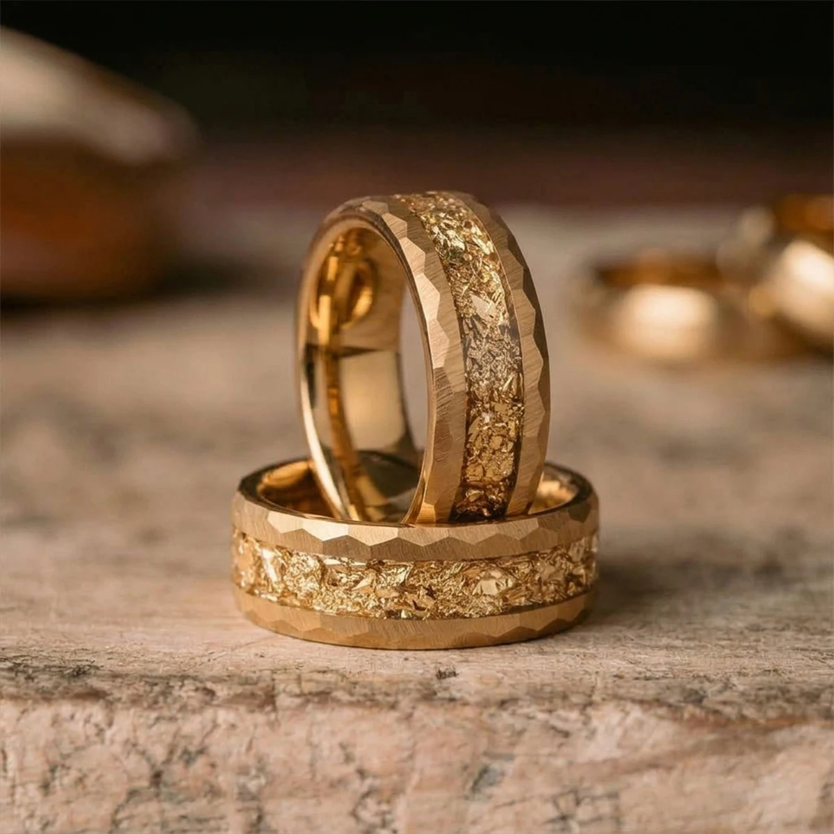 8MM Gold Color Tungsten Carbide Men's Wedding Bands Inlaid Gold Leaf Classic Hammered Fashion Ring Engagement Promise Daily Ring