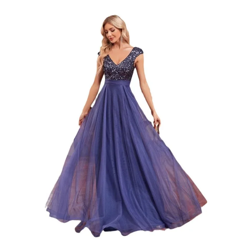 European and American Banquet Evening Gown with A Deep V-sequin Mesh Skirt, Student Graduation Ceremony, Dance Party, Long Skirt